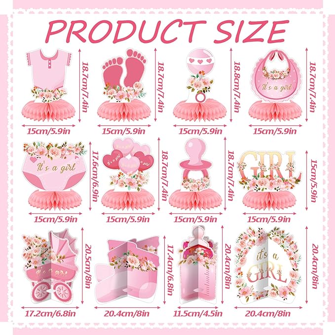 Pickmesh 12 Pcs Pink Baby Shower Decorations Honeycomb Centerpieces for Girls Floral It's a Girl Gender Reveal Table Centerpiece Party Supplies Baby Girl Pregnancy Announcement Table Topper