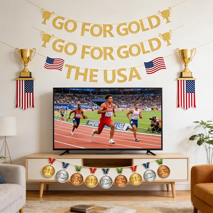 Sports Competition Party Decorations | Glitter Go for Gold Banners | for Olympic Themed Bulletin Board Athlete Competition Game Party Decor Supplies