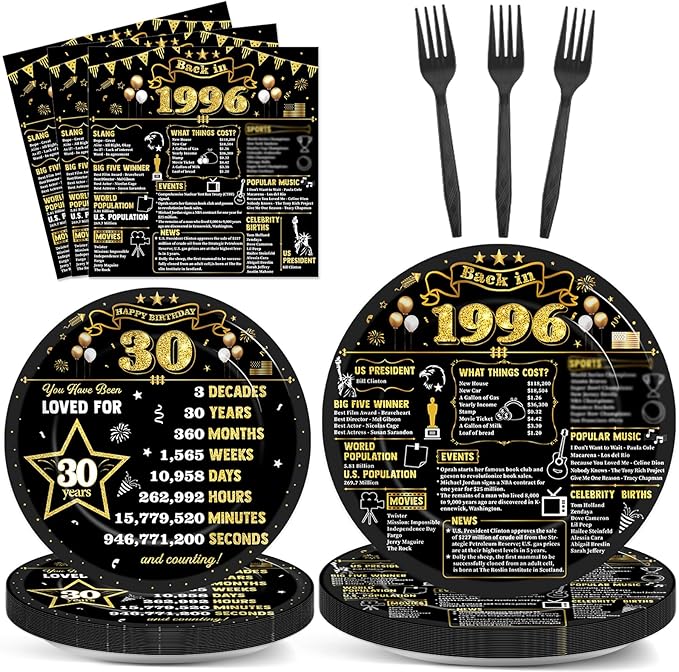 96Pcs 30th Birthday Plates and Napkins Back in 1996 Party Decorations Black Gold 30 Year Old Party Dessert Plates 1996 Birthday Tableware for 24 Guests 30th Theme Men Woman Bday Parties Supplies