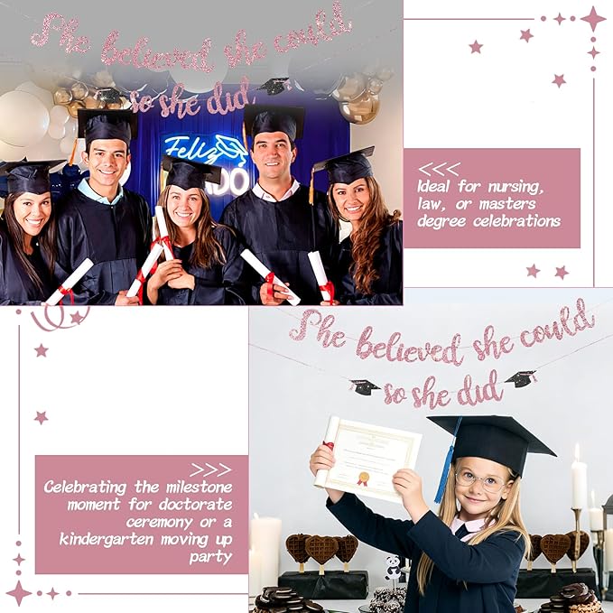 She Believed She Could So She Did Banner - Pre-Strung Glitter Graduation Decorations 2026 for Women Girls, Inspirational Grad Party Supplies, Class of 2026 College High School Masters PhD Decor (Rose Gold)