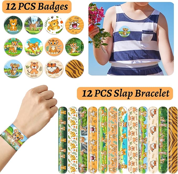 102 PCS Tiger Party Favors, Tiger Temporary Tattoos Slap Bracelets Keychains Stickers Badges for Jungle Safari Tiger Party Favors Birthday Party Decorations Supplies Gifts for Classroom Rewards