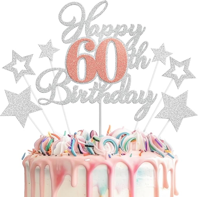Happy 60th Birthday Cake Toppers, Rose Gold Silver Glitter Cake Decorations Set, 60th Birthday Decor, Birthday Anniversary Party Decorations Supplies