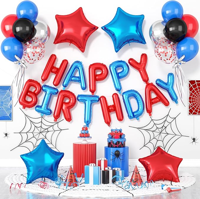 29PC Blue and Red Happy Birthday Balloon Banner, 16Inch 3D Aluminum Letter Banner Sign, Red Blue and Silver Balloons 18 Inch Star Foil Balloon for Women, Men Party Supply