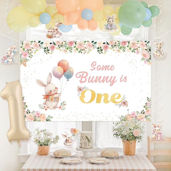 Some Bunny is One Decorations, 142PCS First Birthday Decorations with Backdrop, Hanging Swirls Ceiling Decoration and Balloons for Girl Rabbit Themed Party