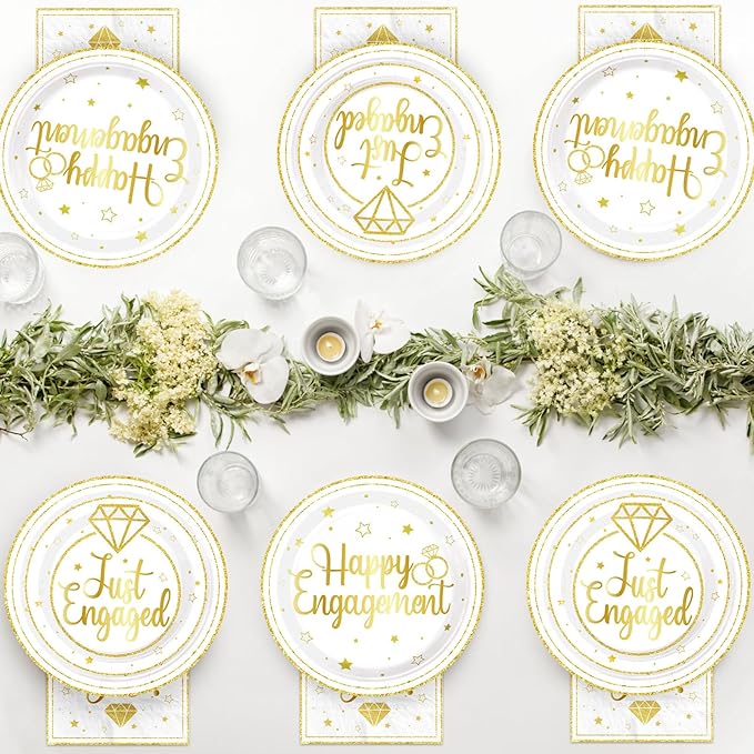 96Pcs Happy Engagement Party Supplies Gold Just Engaged Plates and Napkins Tableware Sets She Said Yes Engagement Decorations for Engaged Proposal Wedding Bridal Shower Married Party Favors Serve 24