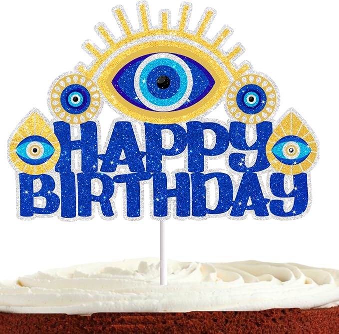 Evil Eye Cake Topper for Happy Birthday Evil Eye Party Supplies Egyptian Theme Party Decorations Blue Glitter Egyptian Evil Eye Cake Decorations