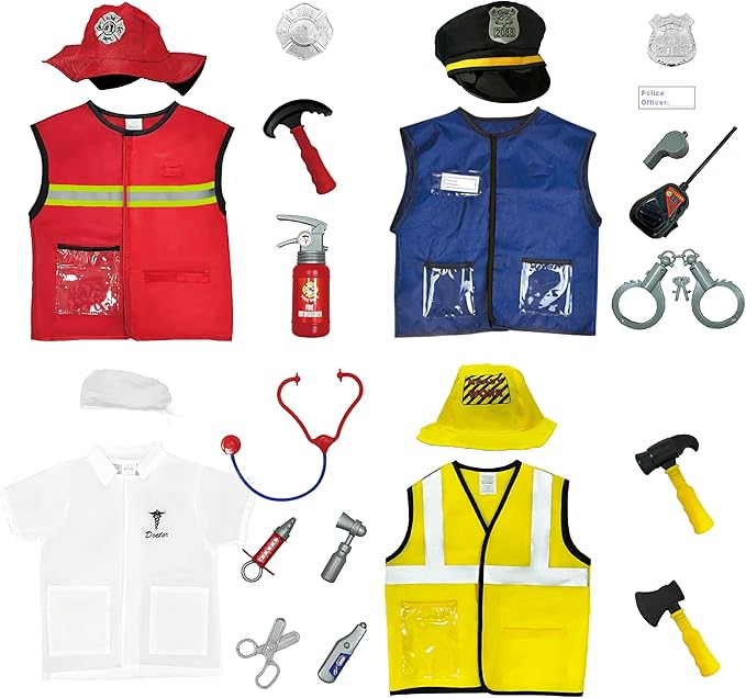 4 Sets Dress Up Clothes for Kids, Pretend Dress Up Trunk of Firefighter costume/Doctor/Policeman/Construction Worker Role Play Set with Realistic Accessories