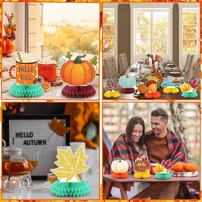 12 Pcs Thanksgiving Party Decoration Thanksgiving Fall Honeycomb Centerpieces Pumpkin Maple Leave Autumn Table Decoration 3D Double Side Truck Sweater Home Table Topper for Office Party Favor Supplies