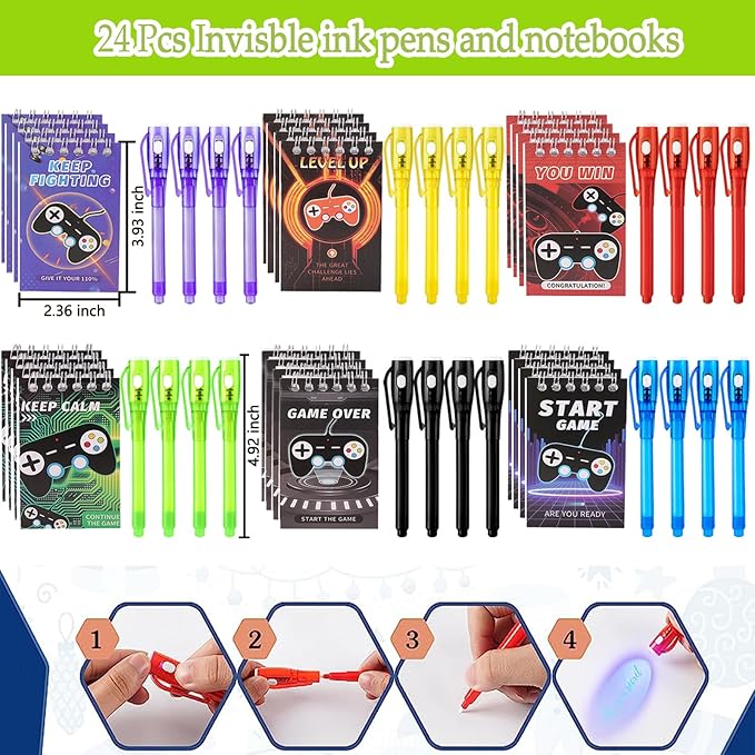 120 Pcs Gamer Birthday Party Favors for Boys, Video Game Goodie Bag Stuffers with Invisible Ink Pens, Controller Keychain for Kids Classroom Prizes, Gaming Theme Party Supplies