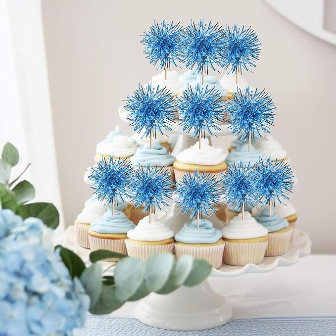 40 PCS Foil Firework Cupcake Toppers Light Blue Sparkler Cupcake Picks Sparkle Tinsel Fireworks Decorations Cocktail Fruit Toothpick for Firework Theme Birthday Wedding Graduation Party Decor Supplies