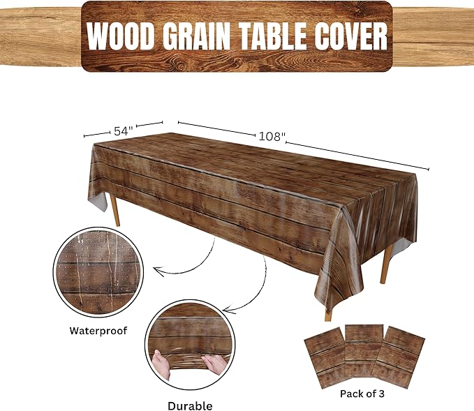 Blue Orchards Wood Grain Table Cover (Pack of 3) - 54" x 108" XL - Plastic Table Cloth Rectangle, Western Themed Party Decorations, Rustic Tablecloth, Cowboy Vintage Farm Party Decorations