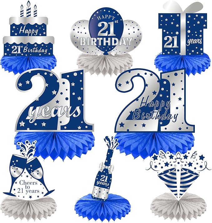 8Pcs 21st birthday Honeycomb Centerpieces Decorations for Boys， Blue Silver Happy 21 Birthday Table Centerpiece Party Supplies, Birthday,Twenty First Year Old Table Topper Decor