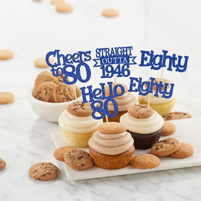 Ephlyn 24Pcs Happy 80th Birthday Cupcake Toppers Glitter Straight Outta 1946 Cupcake Picks Hello 80 Cheers to 80 Years Birthday Cake Decorations for 80th Birthday Anniversary Party Supplies Blue