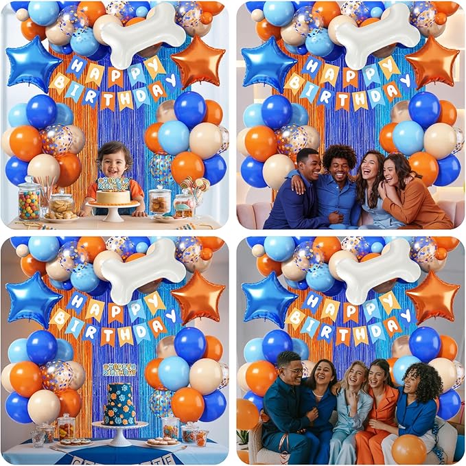 Orange and Blue Birthday Decorations for Boys, Orange Light Blue Nude Confetti Latex Balloons Dog Paw Cake Topper Bone Star Foil Balloon Happy Birthday Banner for Girl Boy Cartoon Theme Party Supplies