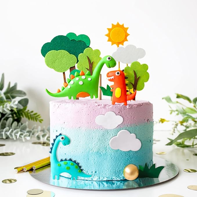 Gyufise 12Pcs Decorations Set Forest Tree Sun Cloud Dinosaur Cake Toppers for Jungle Safari Dino Theme Baby Shower Birthday Party Decorations Supplies
