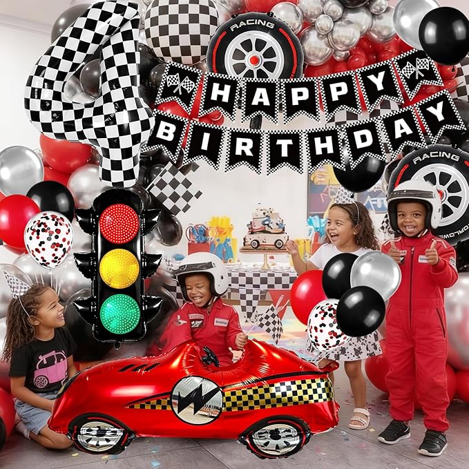 Race Car Birthday Party Decorations, with 40 Inch Number 4 Balloon, Happy Birthday Banner, Race Car, Traffic Light and Foil Tire Balloon for 4th Themed Birthday Party Supplies