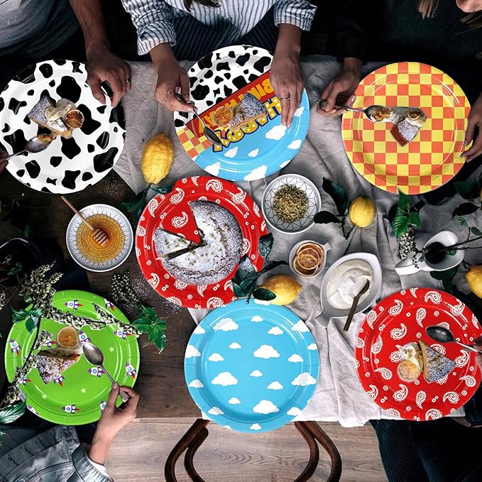 60 Pcs Toy Inspire Game Cartoon Story Party Plates 9" 350GSM Cartoon Cowboy Round Paper Plates Disposable Blue Sky Tableware Set for Kids Boys Girls Birthday Party Supplies Baby Shower Decor Favors