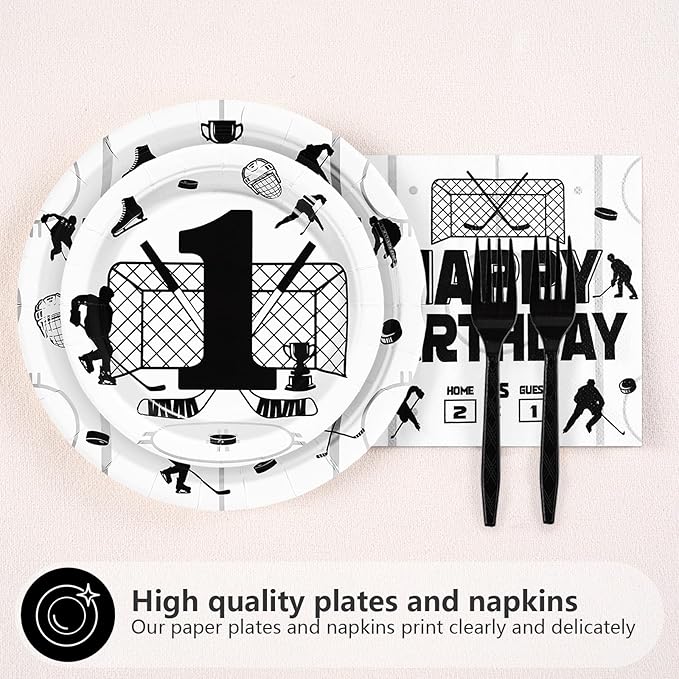 96 Pcs Ice Hockey 1st Birthday Party Supplies The Great Hockey Party Plates and Napkins Disposable Sports Games Themed Tableware Set for Kids Boys One Year Old Birthday Decorations Serves 24