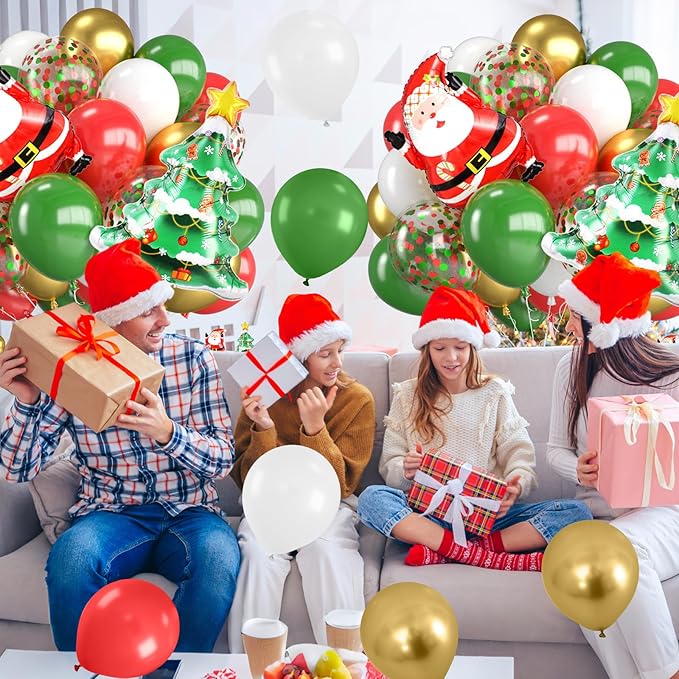 Christmas Balloons,12 Inch Red Green Gold and Christmas Tree Santa Foil Balloon with Ribbon,for Party Xmas Gifts School Classroom Game New Year Decorations