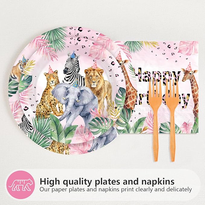 96Pcs Young Wild and Three Party Supplies Safari 3rd Birthday Plates and Napkins Safari Jungle Animal Disposable Paper Tableware Set for Girl 3 Year Old Birthday Party Supplies Serves 24