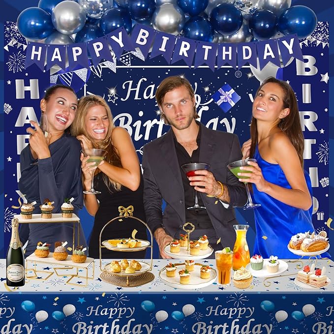 Blue Birthday Decorations, 37 PCS Blue and Silver Party Decorations for Men Boys Women Girls, Happy Birthday Backdrop Banner Tablecloth Party Supplies Confetti Balloons Arch
