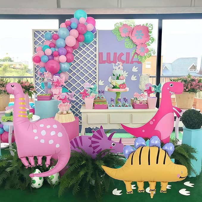 Giant Dinosaur Foil Balloons, 38-43 Inch Big Cute Pink Yellow Dinosaur Helium Inflatable Foil Balloon for Girls 1st 3rd Dino Theme Birthday Baby Shower Kindergarten Jungle Party Decorations Supplies