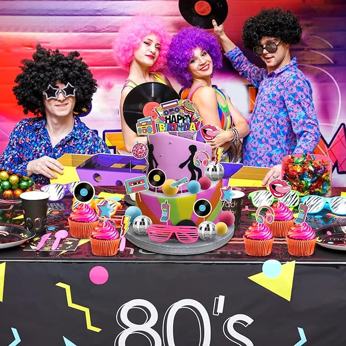 Hooqict 26 PCS 80s Cake Decorations 80s 90s Cake Toppers Retro 1980s Hip Hop Cake Decorations with Glitter Balls Cupcake Toppers for Neon Throwback Birthday Party Supplies