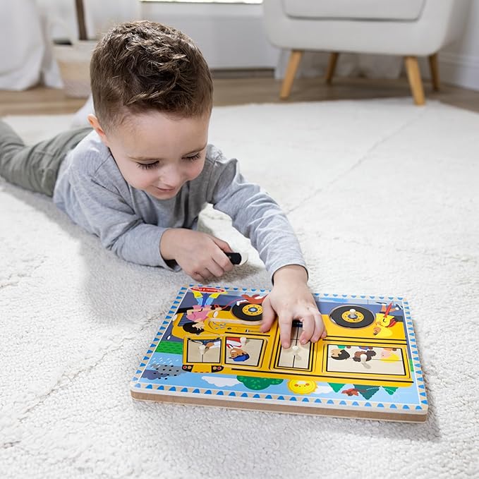 Melissa & Doug The Wheels on The Bus Song Puzzle – 8-Piece Wooden Peg Puzzle with Light-Activated Sounds, Music Learning Toy for Toddlers and Preschoolers Ages 2+