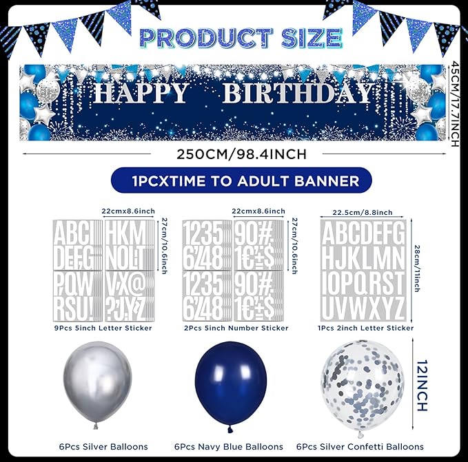 Large Blue Birthday Decorations Banner with Personalized Letter Stickers and Balloons DIY Navy Blue Silver Happy Birthday Yard Banner Custom Bday Sign for Men Women Bday Party Supplies Outdoor
