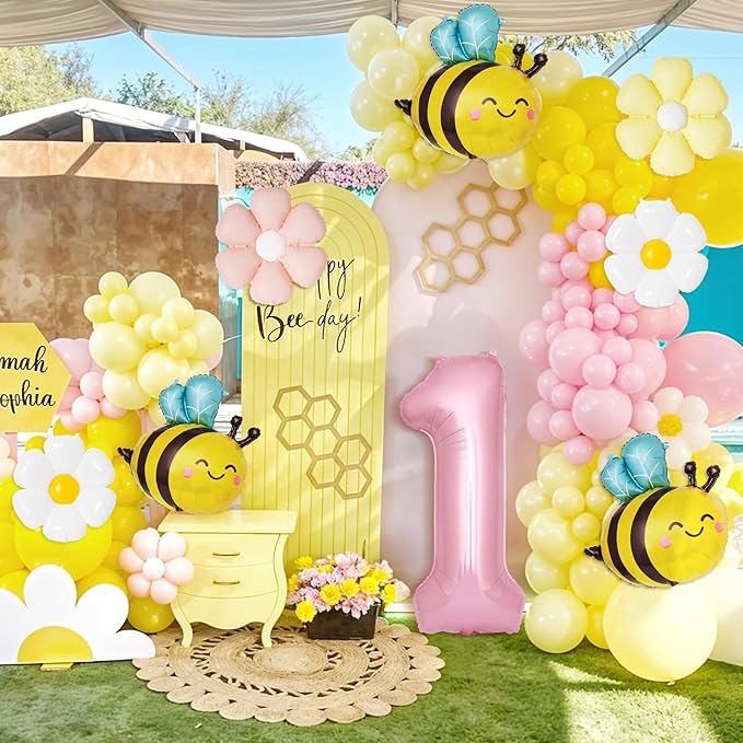 First Bee Day Decorations Girl 8 Pcs First Birthday Decor for Girl with Pink Number 1, Bee and Daisy Foil Balloon, 1st Birthday Decorations Party Supplies