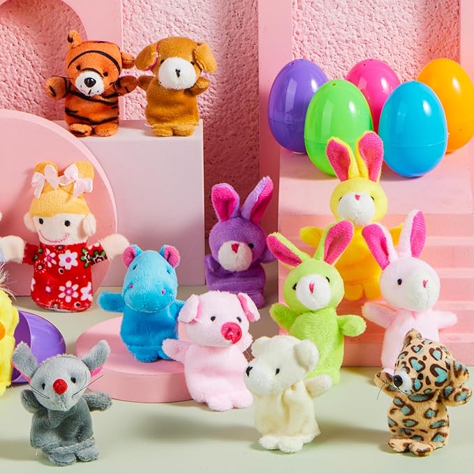 JOYIN 24 Pcs Easter Eggs Filled with Finger Puppets, Prefilled Egg with Cartoon Animal Puppets for Kids Easter Hunt, Basket Stuffers Fillers, Party Favors and Classroom Prize Supplies