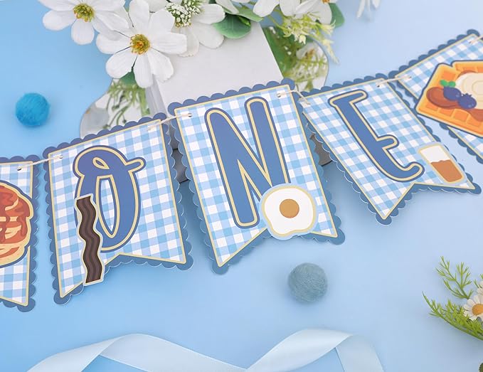 Brunch 1st Birthday High Chair Banner - Breakfast First Birthday Party Decorations, Pancakes and Pajamas Party Supplies, Breakfast Food Party Banner, Pancake and Waffle Cake Smash Photo Props (Blue Brunch Banner)