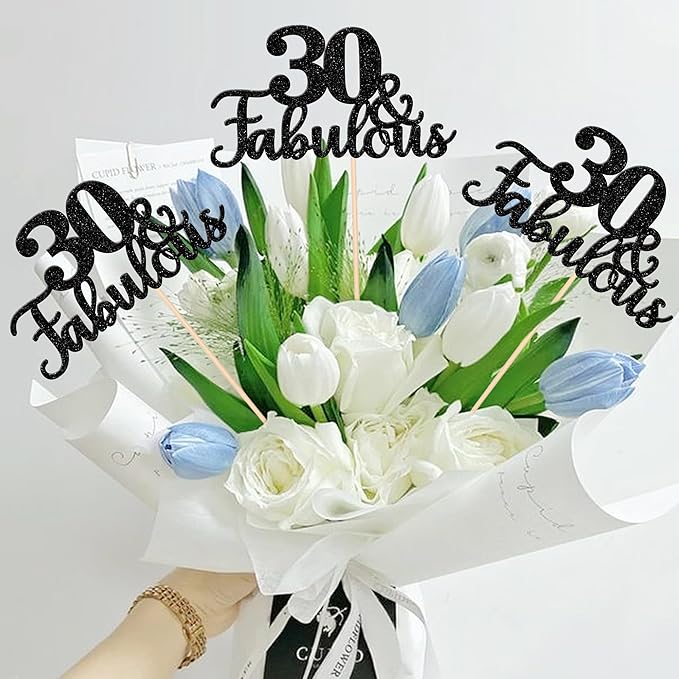 12 PCS 30 and Fabulous Centerpiece Sticks Double Sided Happy 30th Birthday Table Flower Centerpieces Sticks Cheers to 30 Floral Decorations for 30th Birthday Anniversary Party Supplies Black