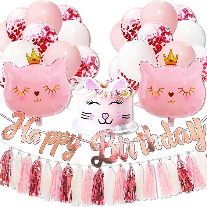 Cat Birthday Party Decoration Kitty Cat Balloons Cat Kitty Birthday MEOW Banner Meow Party Supplies Pink Cat Kitty Cake Decoration