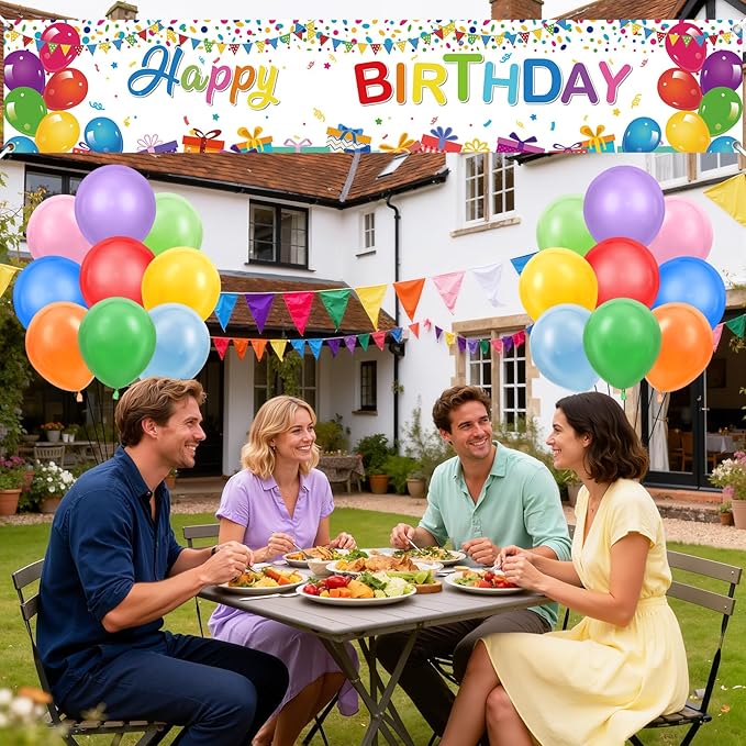 Coloful Birthday Decorations Banner with Personalized Letter Stickers and Balloons DIY White Happy Birthday Yard Banner Custom Bday Sign for Men Women Bday Party Supplies Outdoor