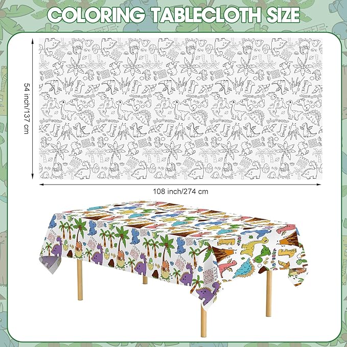 Dinosaur Coloring Tablecloth for Kids - Giant Dino Paper Activity Table Cover, Jumbo Animal Dino World Coloring Games Poster Crafts for Dinosaur Birthday Decorations Party Favors, 54x108 Inch