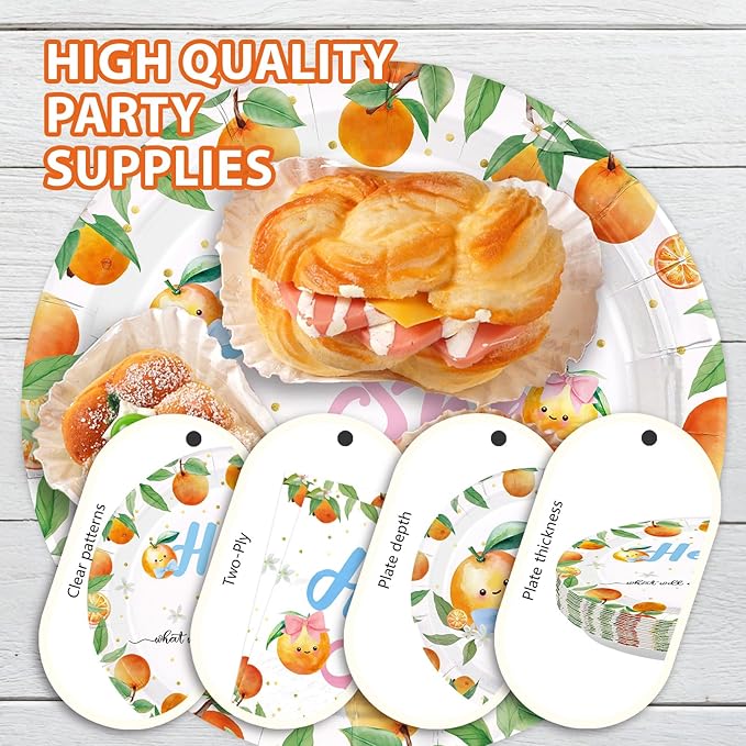 96 Pcs Little Cutie Gender Reveal Party Decorations Orange Theme Plates and Napkins Cute Orange Tableware Set for He or She Gender reveal Baby Shower Party Supplies, Serves 24