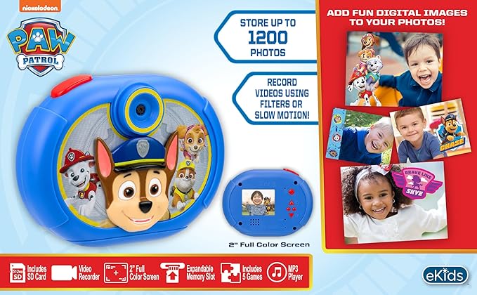 ekids Paw Patrol Kids Camera with SD Card, Digital Camera for Kids with Video Recording and Built-in Digital Stickers