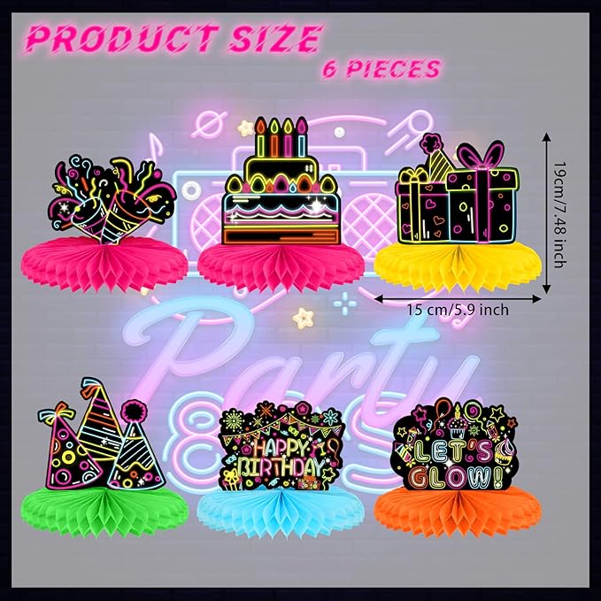 Chinco 6 Pcs Glow Party Birthday Centerpieces Neon Birthday Decorations Honeycomb Centerpieces for Tables Neon Party Supplies(Classic)