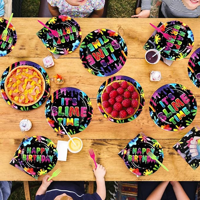 96Pcs Slime Birthday Party Supplies It's Slime Time Plates and Napkins Colorful Splash Splatter Theme Disposable Paper Tableware Set for Kids Boys Girls Birthday Party Decoration Serves 24