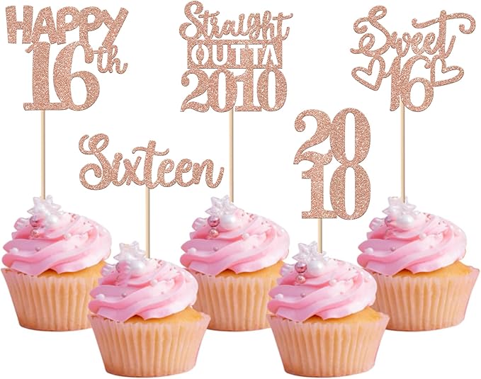 30PCS 16th Birthday Cupcake Toppers Glitter Sixteen Happy 16th Straight Outta 2010 Cupcake Picks for Cheers to 16 Years 16 th Birthday Wedding Anniversary Party Cake Decorations Supplies Rose Gold