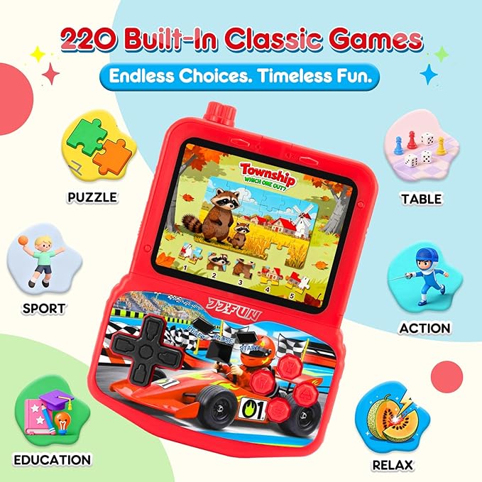 Kids Handheld Game Console with 220 Preloaded Retro Video Games, 3.5'' IPS Screen Adjustable Brightness & Volume, Portable Hand Held Game Player Toy for Travel, Ideal Christmas RED