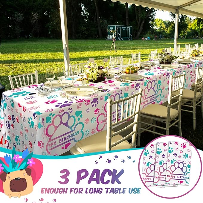 Newwiee 3 Pcs Paw Print Tablecloth Plastic Disposable Colorful Table Cover Puppy Dog Table Cloth Paw Print Party Supplies for Dog Pet Themed Party Decorations Supplies Favors, 51 x 108'' (Pink Series)
