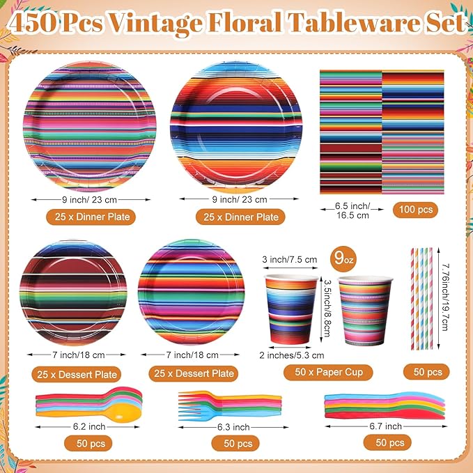 450 Pcs Mexican Serape Fiesta Party Tableware Set Decorations Cinco De Mayo Paper Plates Colorful Stripes Napkins Cups Cutlery Straws for Taco Carnival Birthday Party Supplies, Serves 50