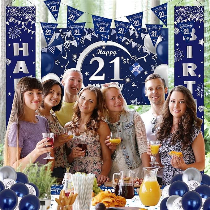 21st Birthday Decorations for Men and Women Blue, Happy 21st Birthday Door Backdrop Banner Balloons 21 Years Old Birthday Porch Sign Party Supplies with Latex Balloons Decor 21st Bday Boy Her Him