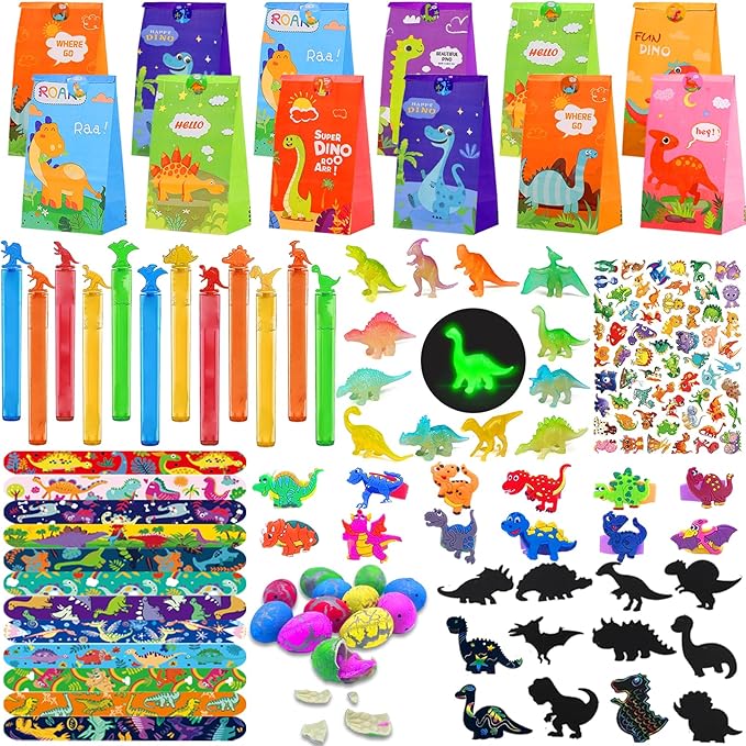144 Pcs Dinosaur Party Favors for 12 Kids - Dino Birthday Party Supplies Include Bubble Wands, Hatching Eggs, Art Kit, Silicone Rings, Bracelets, Stickers