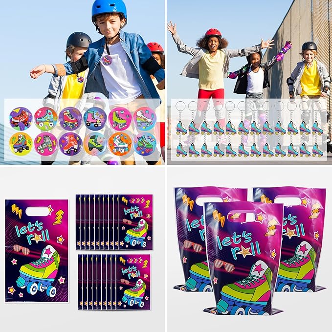 Kolewo4ever 220 Pieces Roller Skate Party Supplies Set Bulk Slap Bracelets, Stickers, Key Chains, Pin Badges,Temporary Tattoos and Goodie Bag Fillers for Retro 1980s Hip Hop Party (Roller Skate)