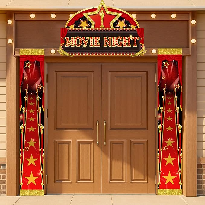 Namalu 3 Pcs Movie Night Door Decorations Red Carpet Runner Porch Sign Movie Star Party Decorations for Home Film Photo Props Theater Birthday Theme Backdrop Party Supplies
