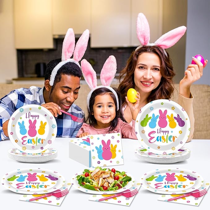 gisgfim 96Pcs Easter Bunny Peeps Party Plates and Napkin Party Supplies Easter Rabbit Party Tableware Set Happy Easter Party Decorations Favors for Spring Party Dinner Holiday Decoration Serve 24