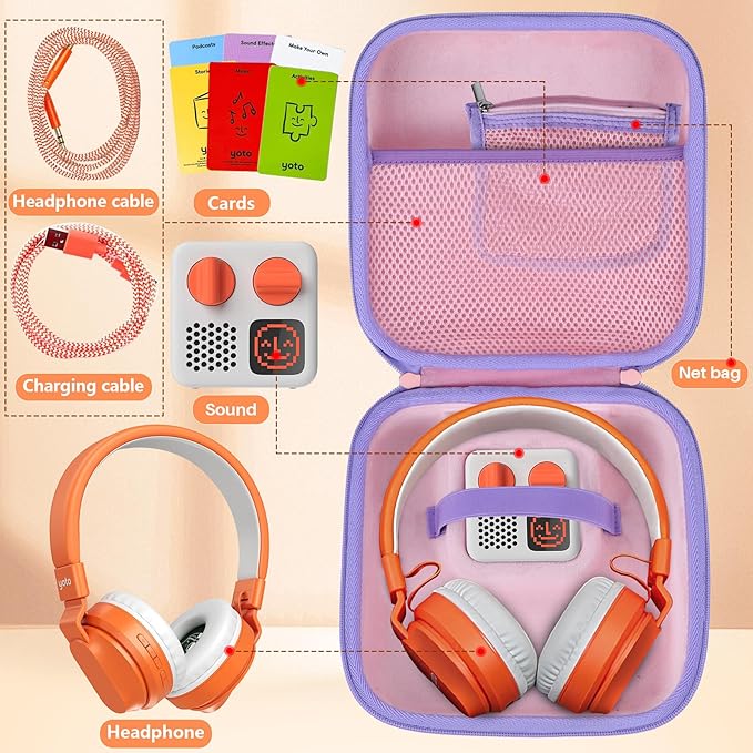 Storage Case Compatible with YOTO Mini + Headphones Kids Audio Player Travel Device Stories Music Podcast Radio Speaker (Pink + Purple Zipper)